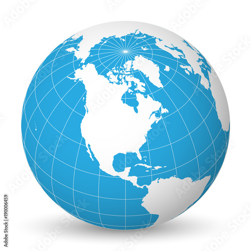 Earth globe with green world map and blue seas and oceans focused on North America. With thin white meridians and parallels. 3D vector illustration.