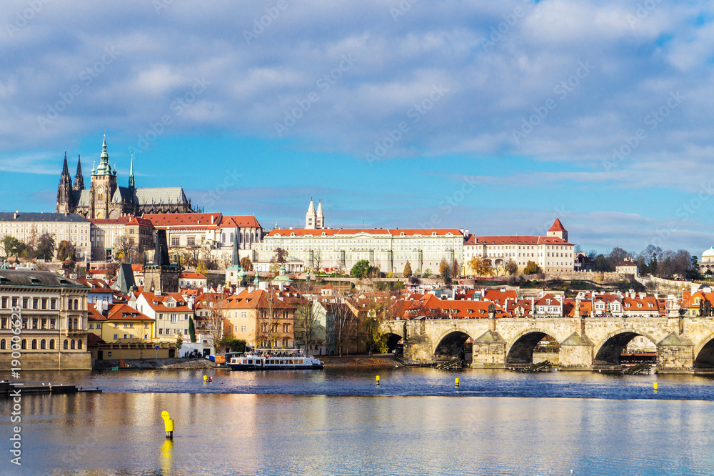 View of Prague castle and Charles Bridge