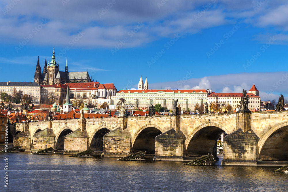 View of Prague Castle and Charles Bridge.Czech Republic.