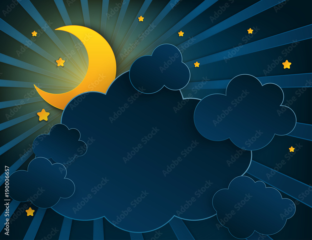 Paper art half moon, rays, fluffy clouds and stars in midnight. Modern ...