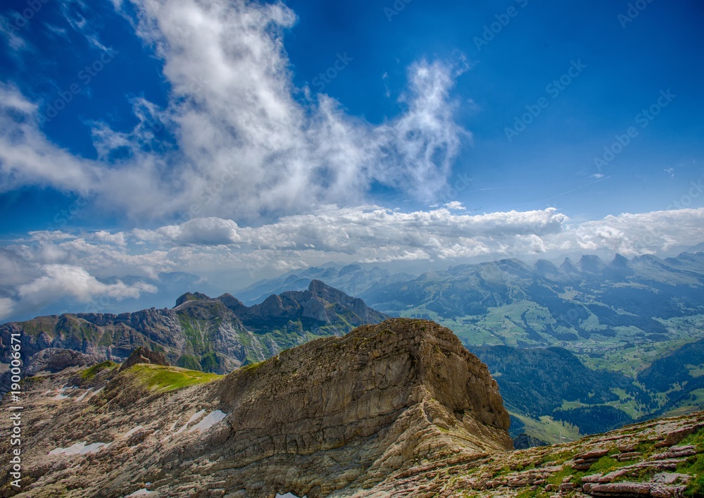 Fototapeta premium Landscape of the Alpstein and the Saentis which are a subgroup of the Appenzell Alps in Switzerland