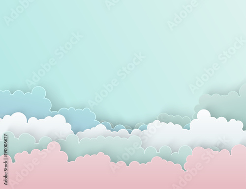 Paper art colorful fluffy clouds background with place for text. Modern 3d origami paper art style. Vector illustration. Pastel colors