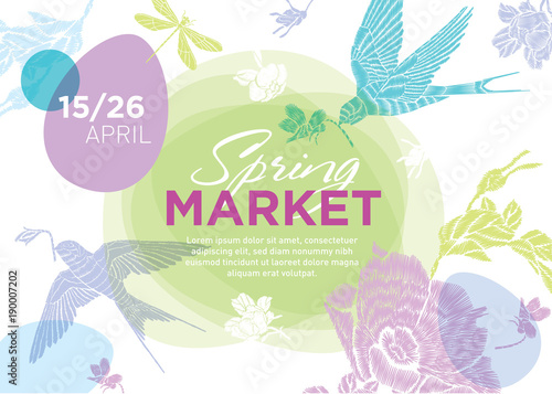 Spring Fair. Easter and spring elements on a white background with place for text. Vector template for the poster / banner / invitation to the spring fair, sale, concert, exhibition. Horizontal format