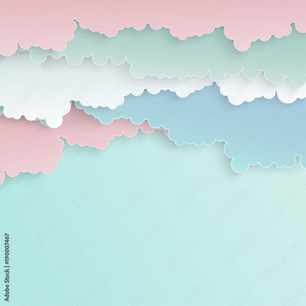 Paper art colorful fluffy clouds background with place for text. Modern 3d origami paper art style. Vector illustration