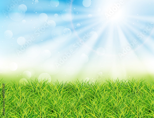 Naklejka Wiosny lub lata słonecznego dnia wektoru ilustracja. Zielona trawa, promienie słońca i bokeh