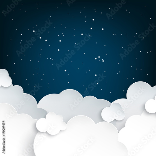 Paper art fluffy clouds and stars in midnight. Modern 3d origami paper art style. Vector illustration, dark night sky