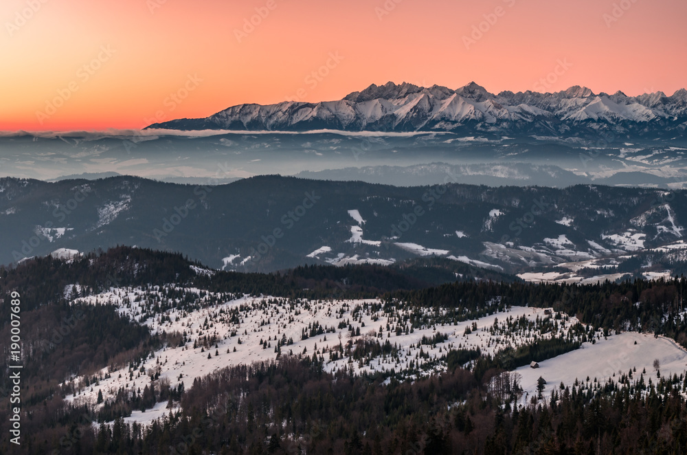 Tatra mountains in winter, view from Gorce, Poland