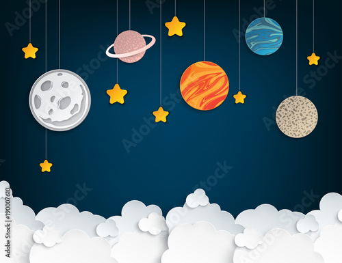 Paper art origami abstract concept with stars, fluffy clouds, full moon, different planets of solar system. Vector illustration
