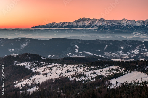 Fototapeta Naklejka Na Ścianę i Meble -  Tatra mountains in winter, view from Gorce, Poland