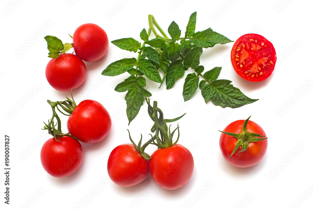Tomatoes collection of whole and sliced with a branch of tomato leaf isolated on white background. Tasty and healthy food. Flat lay, top view Tomatoes collection of whole and sliced with a branch of tomato leaf isolated on white background. Tasty and healthy food. Flat lay, top view