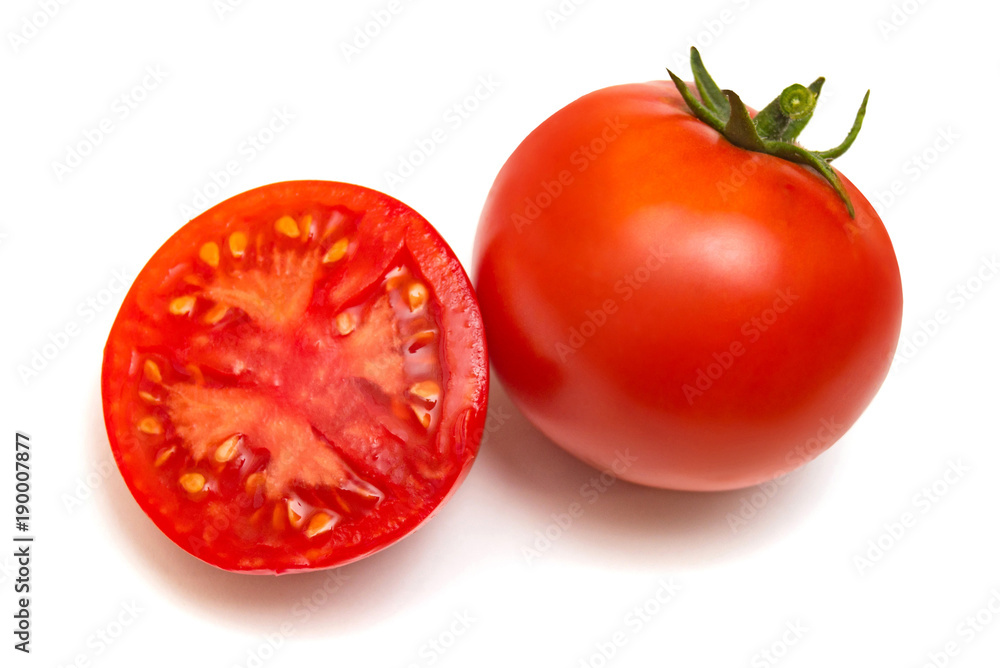 Tomatoes collection of whole and sliced isolated on white background. Tasty and healthy food. Flat lay, top view Tomatoes collection of whole and sliced isolated on white background. Tasty and healthy food. Flat lay, top view