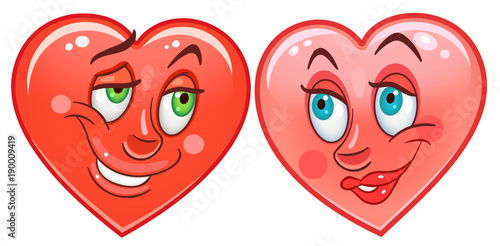 Cartoon red Hearts. Emoticons. Smiley. Emoji. Love Emotion symbol. Design element for Valentines Day greeting card, kids coloring book page, t-shirt print, icon, logo, label, patch, sticker.
