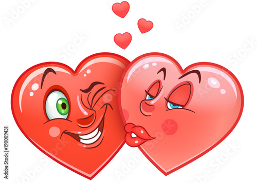 Cartoon red Hearts Kiss. Emoticons. Smiley. Emoji. Love Emotion symbol. Design element for Valentines Day greeting card, kids coloring book page, t-shirt print, icon, logo, label, patch, sticker.