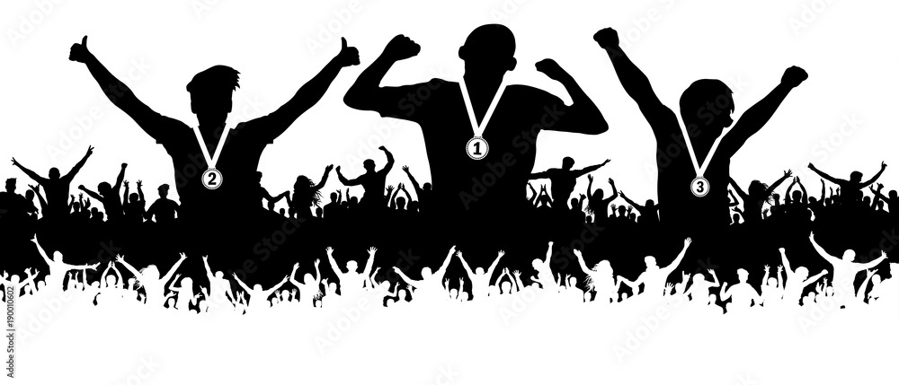 Award ceremony of athletes with medals on the pedestal. Cheering crowd of fans of the people silhouette. Sports achievements poster, banner. Award ceremony of athletes with medals on the pedestal. Cheering crowd of fans of the people silhouette. Sports achievements poster, banner.