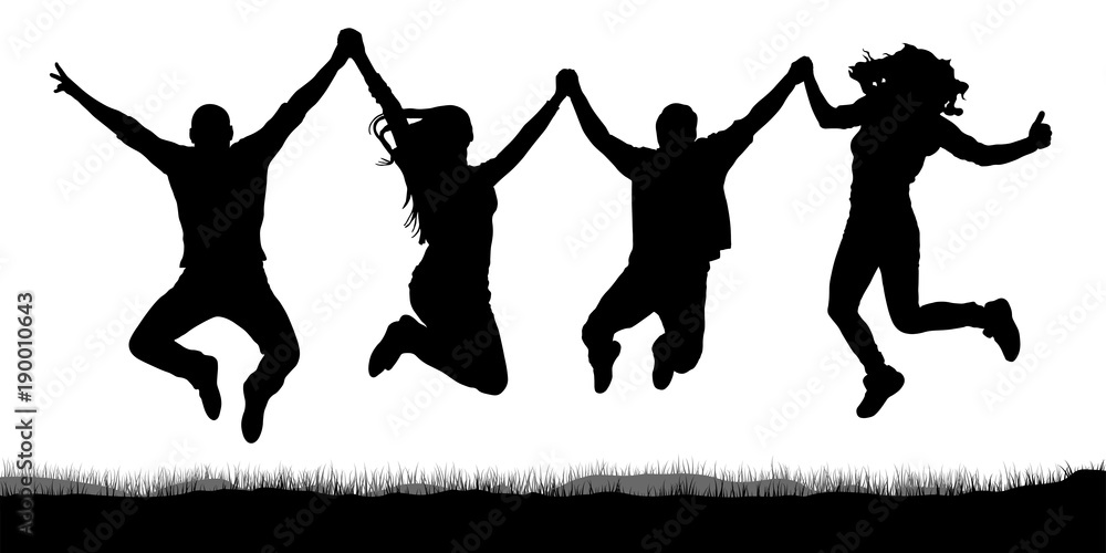 Happy jumping, people friends, holding hands silhouette