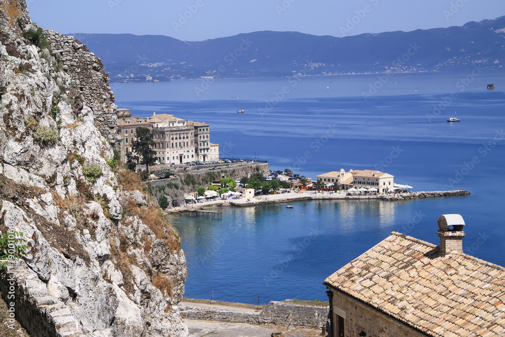 View from the Old Fortress of Corfu on the small city beach of Faliraki