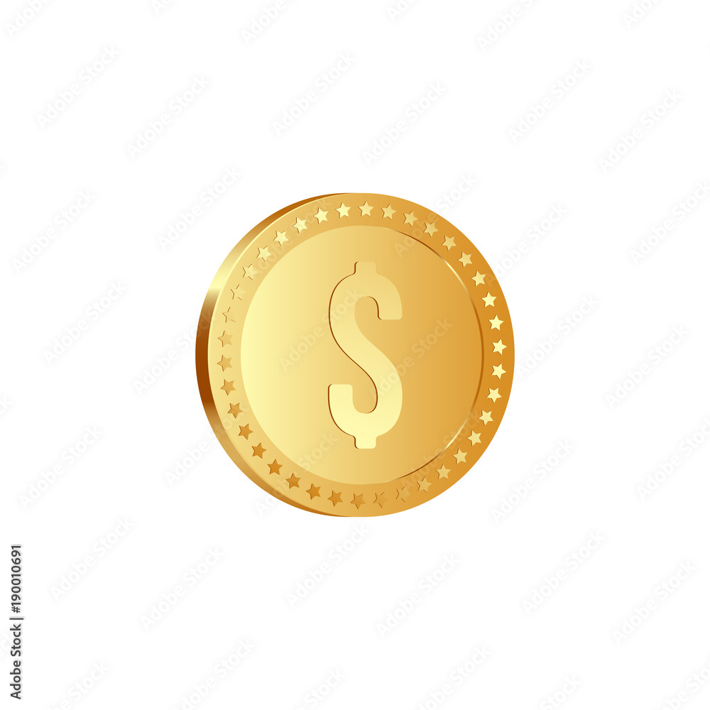 3d realistic golden metallic dollar coin, with rotate 20 degrees, isolated on white background. Vector illustration. 3d realistic golden metallic dollar coin, with rotate 20 degrees, isolated on white background. Vector illustration.