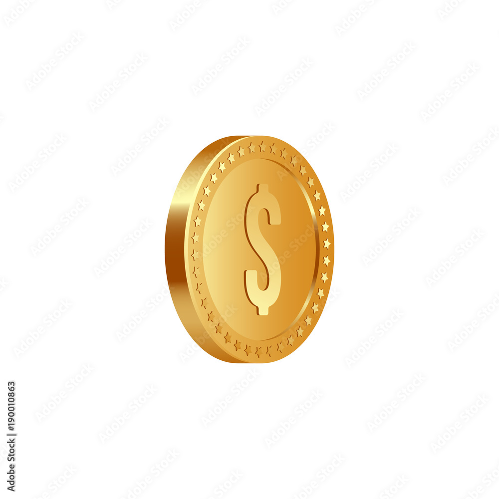 3d realistic golden metallic dollar coin, with rotate 50 degrees, isolated on white background. Vector illustration. 3d realistic golden metallic dollar coin, with rotate 50 degrees, isolated on white background. Vector illustration.