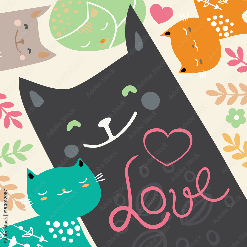 Vector illustration draw character design couple love of cat in valentine day and word love