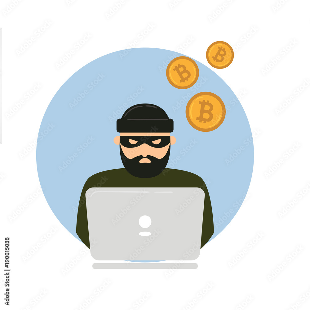 Hacker, laptop and bitcoin cryptocurrency robbery Hacker, laptop and bitcoin cryptocurrency robbery