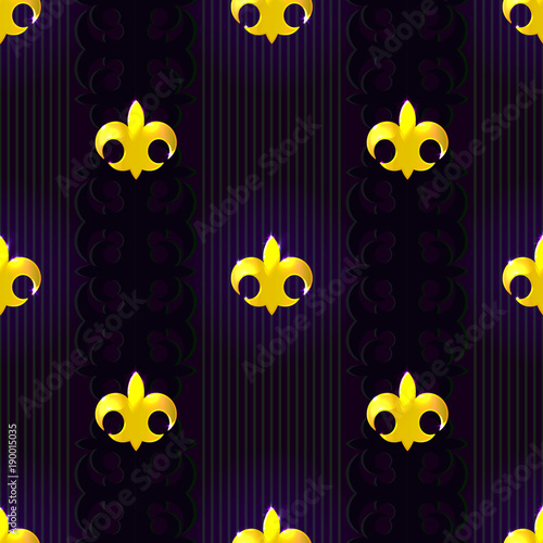 Seamless pattern with gold fluer de lis on dark background for your Mardi Gras holiday design