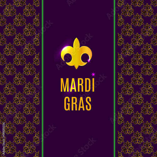 Mardi Gras fleur de lis gold logo with text on vertical banner. Holiday poster or placard with outline luxury gold and dark purple pattern on background. Greeting card illustration
