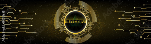 Golden Futuristic Bitcoin concept. HUD s[ace cosmic background with numbers and lines. Banner, brochure, technological lines. Digital Cryptocurrency. Vector.