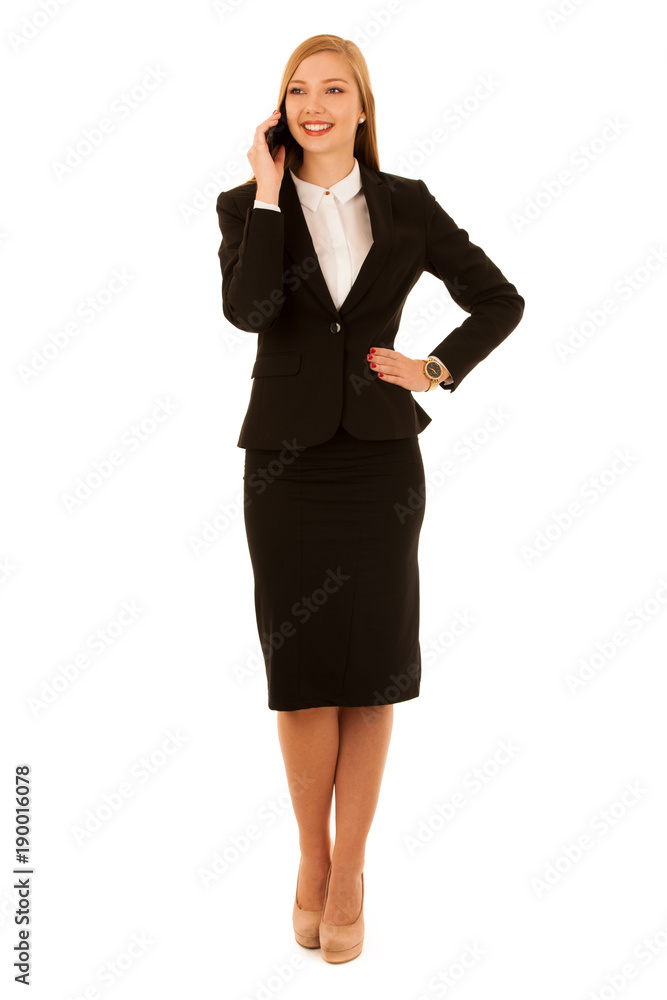 Full length portrait of business woman talking on phone isolated over white background Full length portrait of business woman talking on phone isolated over white background