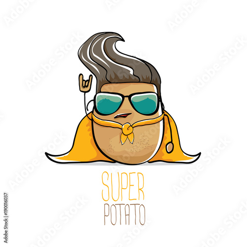 vector funny cartoon cute brown super hero potato with orange hero cape and hero mask isolated on white background. My name is potato vector concept. super vegetable food character