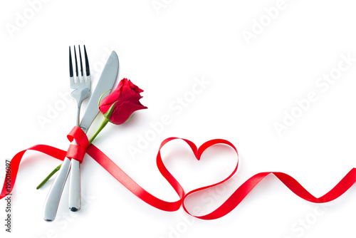 Valentine fork, knife, spoon, silverware with red ribbon heart shape