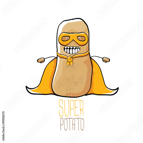 vector funny cartoon cute brown super hero potato with orange hero cape and hero mask isolated on white background. My name is potato vector concept. super vegetable food character