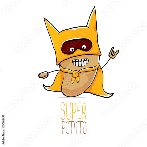 vector funny cartoon cute brown super hero potato with orange hero cape and hero mask isolated on white background. My name is potato vector concept. super vegetable food character