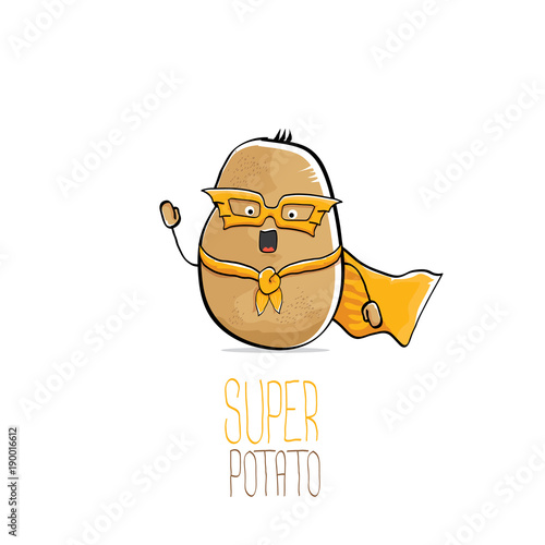 vector funny cartoon cute brown super hero potato with orange hero cape and hero mask isolated on white background. My name is potato vector concept. super vegetable food character