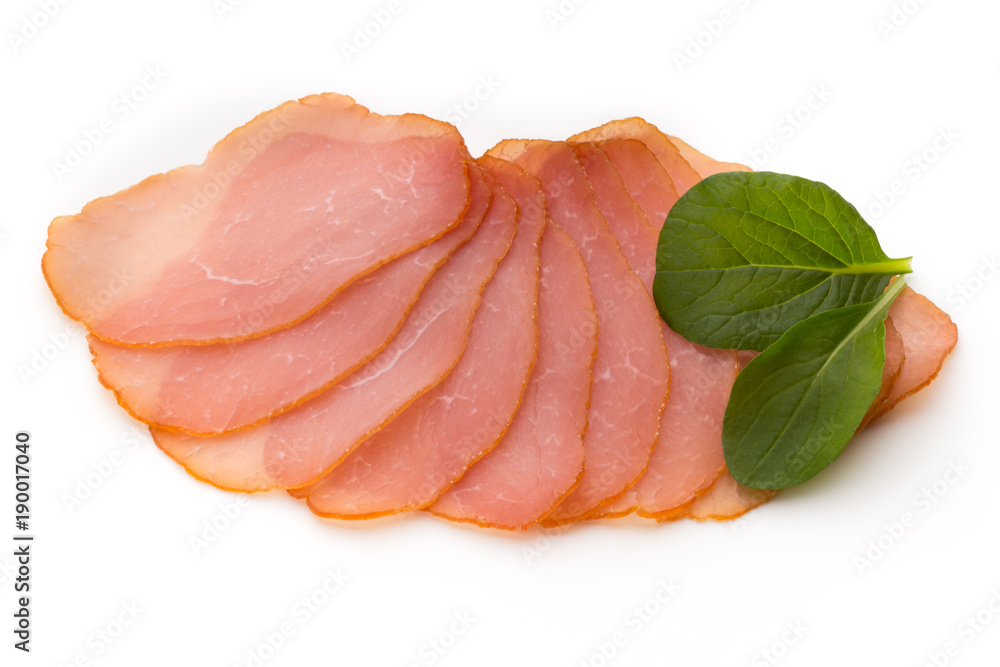 Sliced boiled ham sausage isolated on white background, top view. Sliced boiled ham sausage isolated on white background, top view.