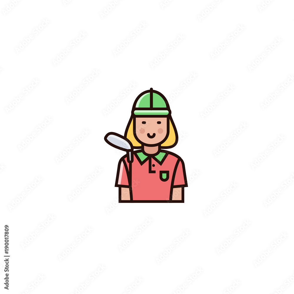 Golf female player - character design in flat color line style. Golfer icon on isolated background. Golf female player - character design in flat color line style. Golfer icon on isolated background.