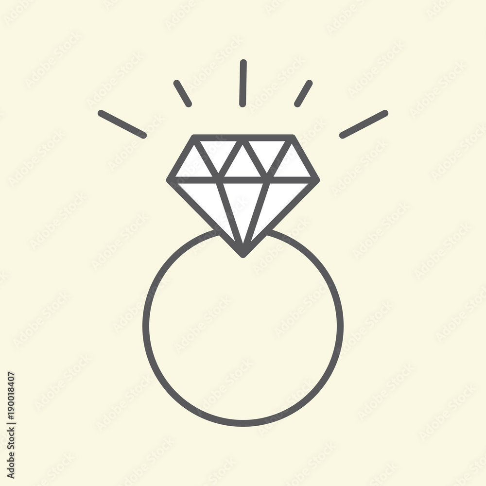 Fotografie diamond bridal ring line flat icon on yellow background