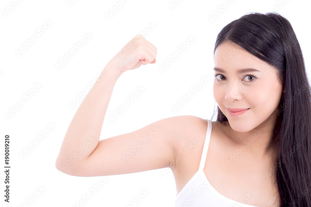 Portrait of beautiful asian woman power strong and strength, beauty of girl with wellness and smile isolated on white background, healthcare concept.