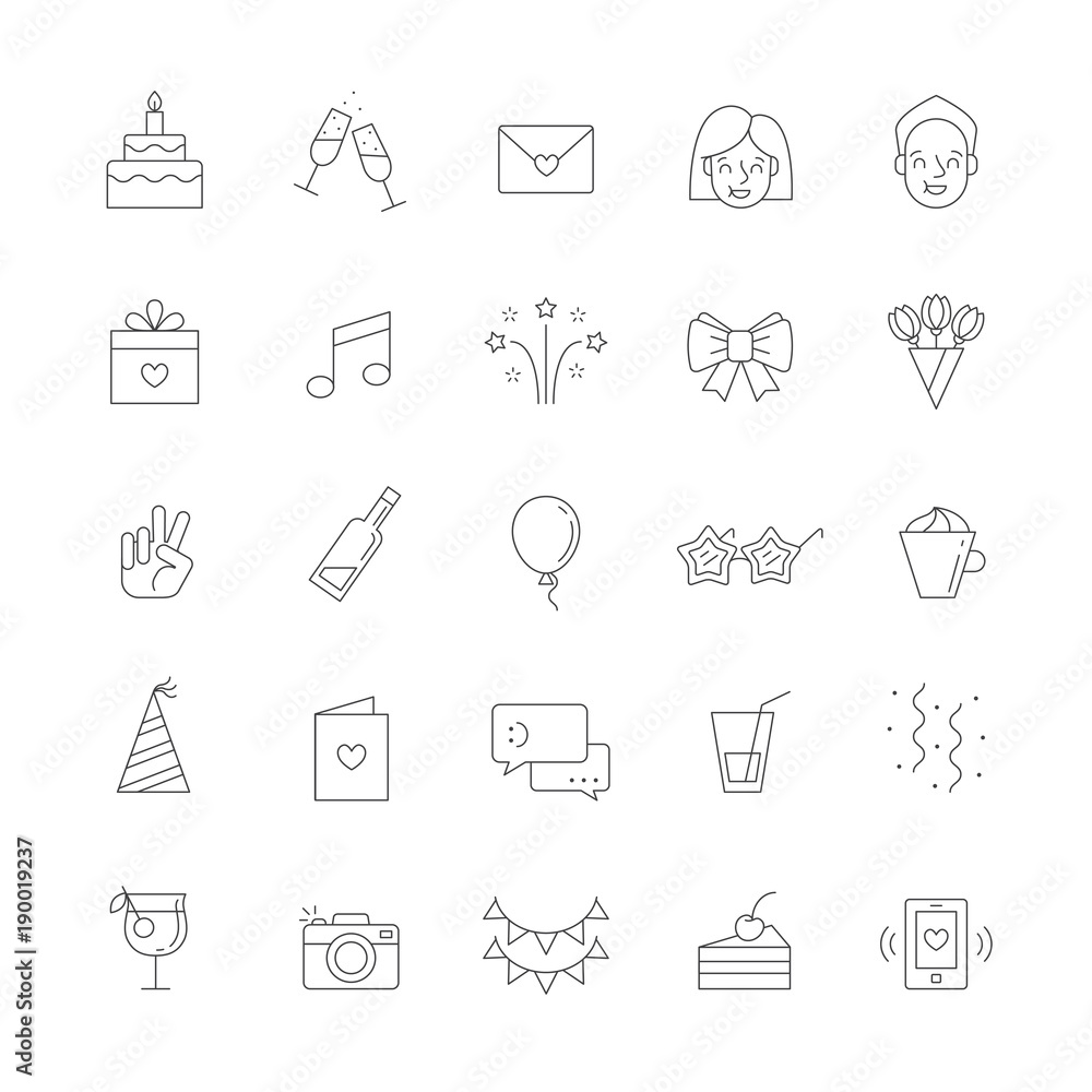 Happy birthday party vector big outline icon set. Happy birthday party vector big outline icon set.
