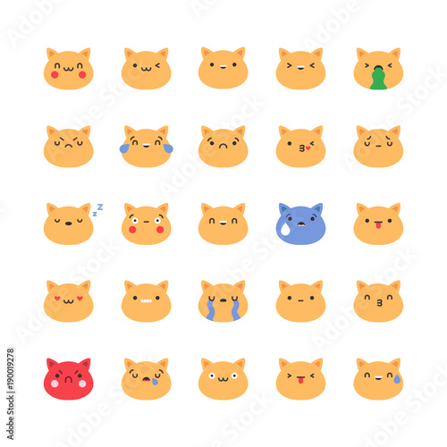 Emoji cat icon vector set. Cute korean style emoticons.