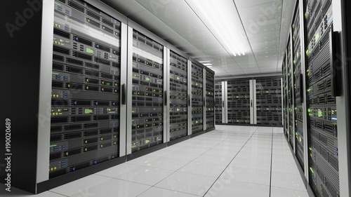 Computers and servers in datacenter. Data storage and cloud services concept. 3D rendered illustration.