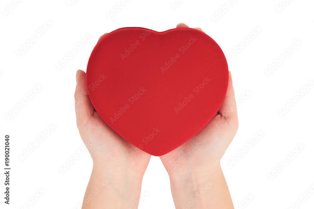 red heart on the palms, female hands holding bright red heart on white background top view