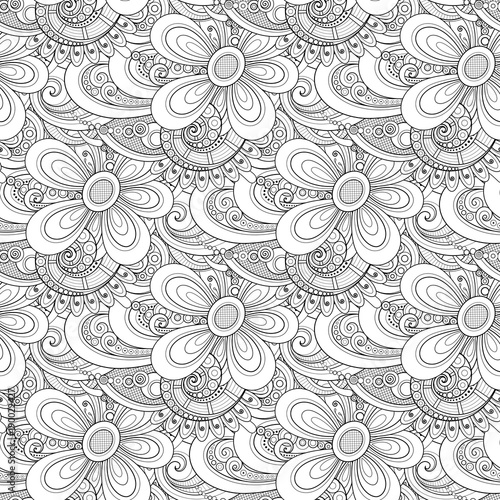 Fototapeta Naklejka Na Ścianę i Meble -  Monochrome Seamless Pattern with Floral Motifs. Endless Texture with Flowers, Leaves etc. Natural Background in Doodle Line Style. Coloring Book Page. Vector 3d Contour Illustration. Abstract Art