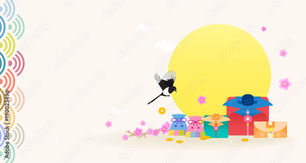 Obraz premium Seollal (Korean lunar new year ) vector illustration. Korean traditional gift box and Sebaetdon (fortune bag) with Plum blossoms