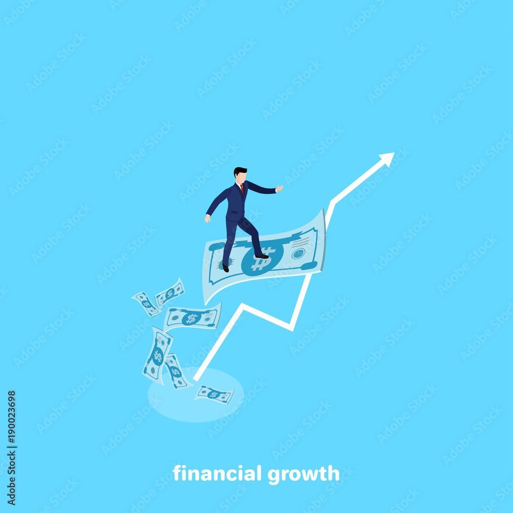a man in a business suit is standing on a flying money bill, an isometric image