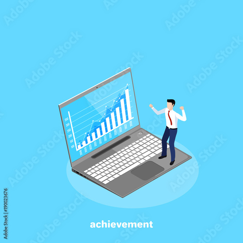 male businessman rejoices at his achievements in the form of a rising graph on the monitor, an isometric image
