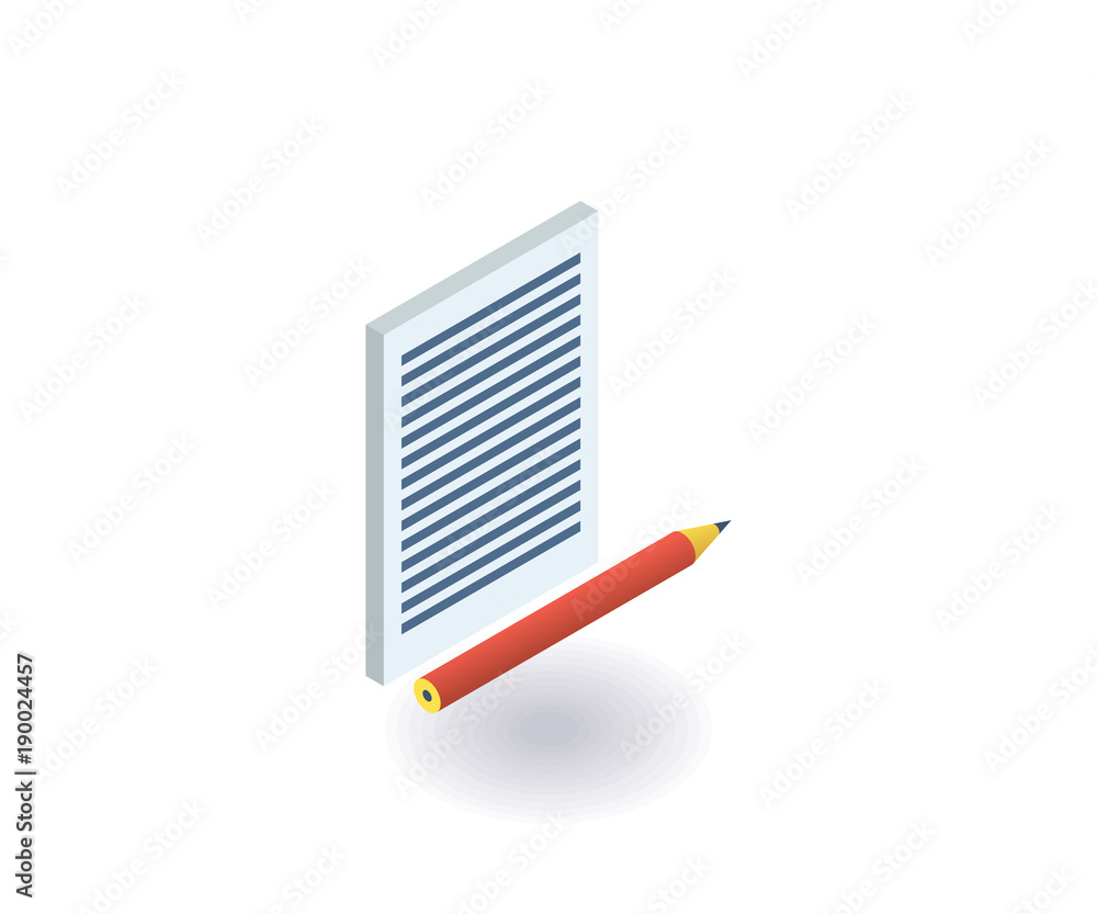 Paper and pencil icon. Vector illustration in flat isometric 3D style. Paper and pencil icon. Vector illustration in flat isometric 3D style.