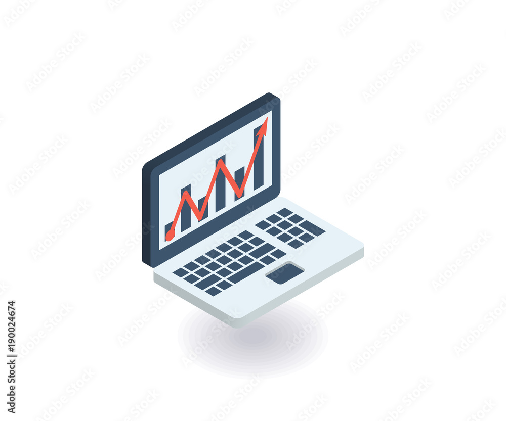 Laptop with line chart icon. Vector illustration in flat isometric 3D style.