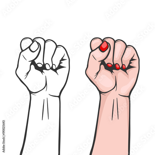 Raised women s fist isolated - symbol unity or solidarity, with oppressed people and women s rights. Feminism, protest, rebel, revolution or strike sign. Template for art posters, backgrounds etc