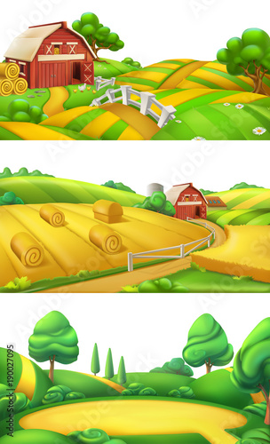 Farm and nature. Landscape panorama set, 3d vector illustration