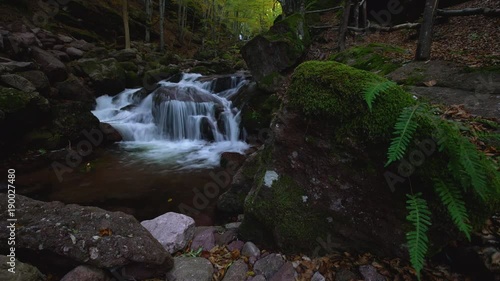 Autumn forest waterfall river with rocks in the mountain landscape.
Waterfall with trees and rocks in mountain photo